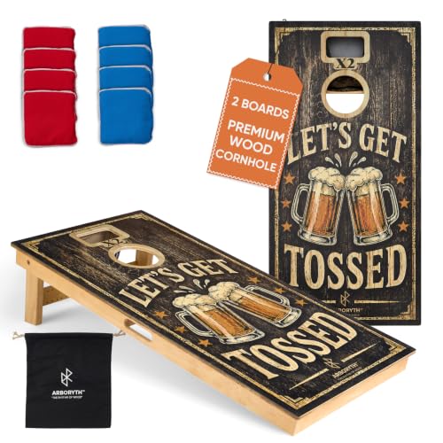 Let's Get Tossed Regulation Cornhole Set - Two 4x2 FT Double Hole Boards with Built-in Scoreboard, 1 Canvas Tote Bag & 8 Professional Red & Blue Bean Bags