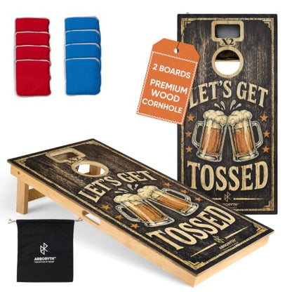 Let's Get Tossed Regulation Cornhole Set - Two 4x2 FT Double Hole Boards with Built-in Scoreboard, 1 Canvas Tote Bag & 8 Professional Red & Blue Bean Bags