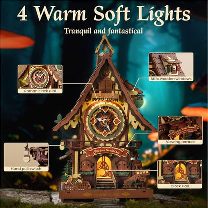 ROKR 3D Wooden Puzzles for Adults, Cuckoo Clock Model Kit, Room Home Decor DIY Watch Making Kit Functional Mechanical Building Toys, Hobbies Birthday Christmas Day Gifts for Men Women 14+