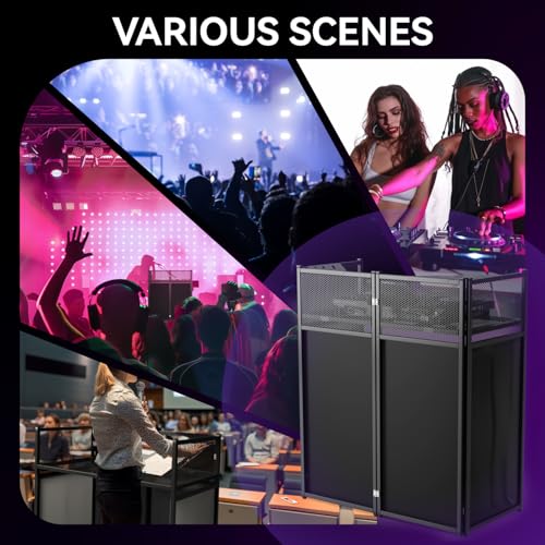 Portable DJ Booth Stand, 40" x 20" x 45" Foldable DJ Table with 8-Piece Black & White Lycra Scrim Facade, 200lbs Capacity Metal Event Booth with Corner Shelves, Cable Ports & Carry Bag - size: 40x20 with Triangle