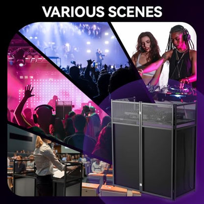 Portable DJ Booth Stand, 40" x 20" x 45" Foldable DJ Table with 8-Piece Black & White Lycra Scrim Facade, 200lbs Capacity Metal Event Booth with Corner Shelves, Cable Ports & Carry Bag - size: 40x20 with Triangle