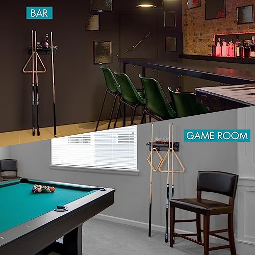 XCSOURCE Bamboo Pool Cue Holder Wall Mount, 4 Cue Rack with Ball Rack & Drink Holder, Black, 15.7 x 4.3 x 4.3 Inches - color: Black, 4 Pool