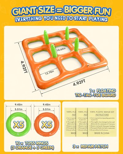 4.9FT Giant Inflatable Tic Tac Toe Pool Game – 2-in-1 Ring Toss Pool Toys for Adults Kids, Floating Summer Pool Party Games for Family, Beach, Backyard (2–10 Players)