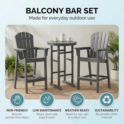 Patio Bar Tables Set of 3, HDPE Outdoor High Top Table and Chairs Set Height Table Chairs Adirondack Bar Set for Garden, Backyard, Yard, Pool, Balcony, Grey - color: Ø31.1" Bar Set of 3, Grey
