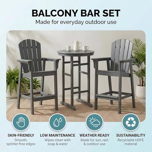 Patio Bar Tables Set of 3, HDPE Outdoor High Top Table and Chairs Set Height Table Chairs Adirondack Bar Set for Garden, Backyard, Yard, Pool, Balcony, Grey - color: Ø31.1" Bar Set of 3, Grey