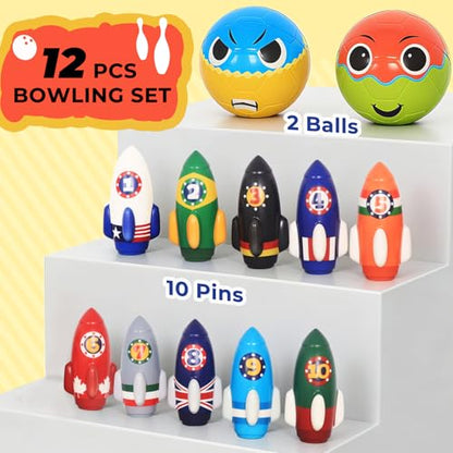Nattork Rocket Kids Bowling Set - Toddler Bowling Game Indoor Outdoor with 10 Foam Pins 2 Balls, Educational Games Set for Age 4-5,5-12 Kids Birthday Gift