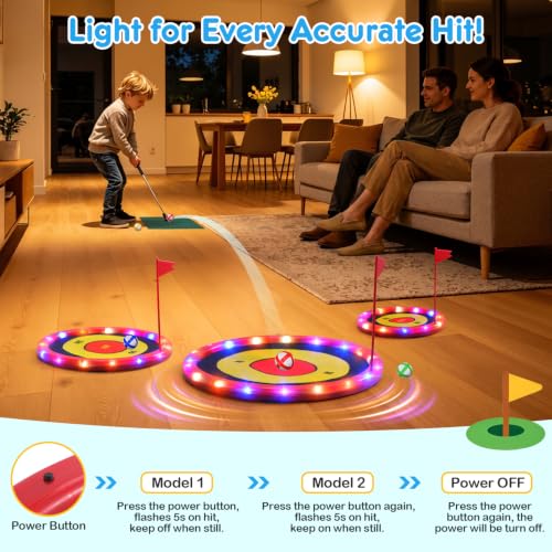 DyBaxa Light Up Golf Game, 4 in 1 Kids Golf Set with 3 LED Targets, Putting Mat, 20 Balls, 1 Golf Clubs, Indoor & Outdoor Summer Golf Chipping Game for Kid, Gifts for Boys and Girls Aged 3+