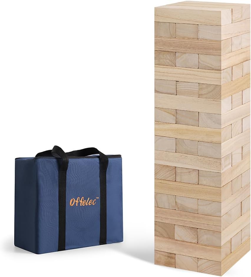 Offelec Giant Tumbling Tower Game with Carry Bag - 54 Jumbo Wooden Stacking Blocks for Indoor Outdoor Yard Games, Large Tower Stacking Grows to Over 4 FT Tall - Family Party Toy for Kids & Adults - style: Over 4 Ft