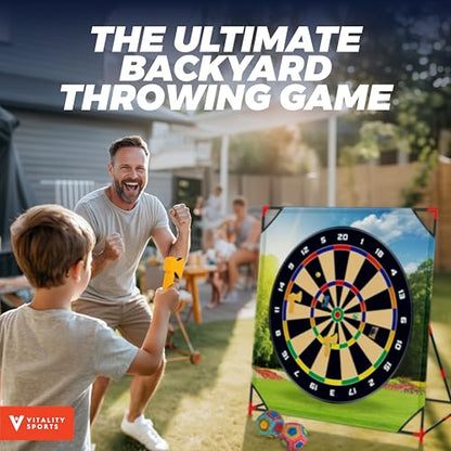 Vitality Sports 4-in-1 Sport Game with Stand - Golf Target Battle Games with Putting Mat, 12 Sticky Balls, 6 Axes, 2 Soccer Balls, 8 Bean Bags, Axe Throwing Game for Backyard