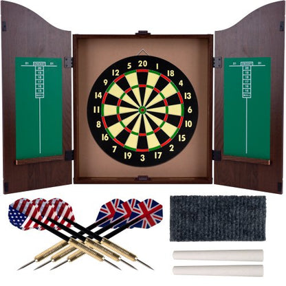 Dart Board Cabinet Set with 18-inch Dartboard, 6 Steel-Tip Darts, and Chalkboard Scoring for Game Rooms, Man Caves, and Home Bars by Trademark Poker
