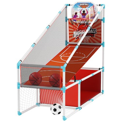 2 in 1 Kids Arcade Basketball Hoop &Soccer Goal,LED Lights Electronic Scoreboard, Adjustable Height Basketball Game Set,Indoor Outdoor Sport Toys Gift Toddlers Boys Girls Ages 3-12 Home Party