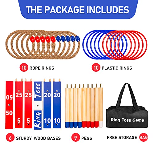 Indoor Outdoor Toys Games Upgraded Large Wooden Ring Toss Game Yard Games for Kids, Lawn Outdoor Games for Family with 10 Plastic Ring and 10 Ropes,1 Carry Bag