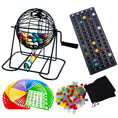 Yuanhe Deluxe Bingo Game Set - Metal Round Cage, 75 Colored Balls, 50 Bingo Cards, 300 Mixed Chips and Master Board for Large Groups, Parties - style: Classic