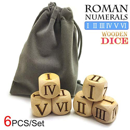 Set of 6 Pieces 20MM Wood Dice Set Creative Design Roman Number Pattern Wood Rolling Dices Party Game Roll Decider