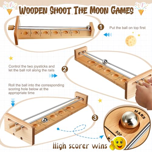 Deekin 2 Set Desktop Shoot the Moon Game Table Top Mini Bowling Game Set Classic Steel Ball Wooden Tabletop Games Wooden Board Mini Arcade Table Games Bowling Set Gag Gifts for Adult Teen Office Desk