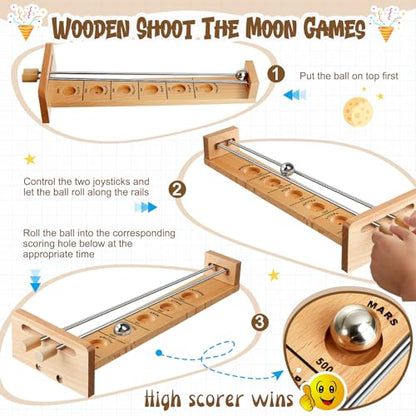 Deekin 2 Set Desktop Shoot the Moon Game Table Top Mini Bowling Game Set Classic Steel Ball Wooden Tabletop Games Wooden Board Mini Arcade Table Games Bowling Set Gag Gifts for Adult Teen Office Desk
