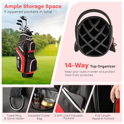 ULTIMATE Golf Cart Bag with 14-Way Top Dividers, Golf Club Bag w/ 9 Pockets incl. Cooler Bag, Rain Hood/Dust Cover, Detachable Shoulder Strap & Carry Handles, Lightweight for Men & Women - color: Red