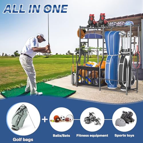 Heavy Duty Garage Sports Equipment Organizer, All-in-One Golf Bag Storage Rack & Multi-Sport Ball Holder for Basketballs, Bats & Kids Toys, Indoor/Outdoor Free Standing Gear Bin