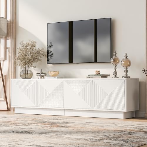 4-Door Wave Design Storage Cabinet with Adjustable Shelves and LED Accent Lighting, Wooden Display Cabinet for Living Room, Bedroom, Home Office, Space-Saving, White - color: White