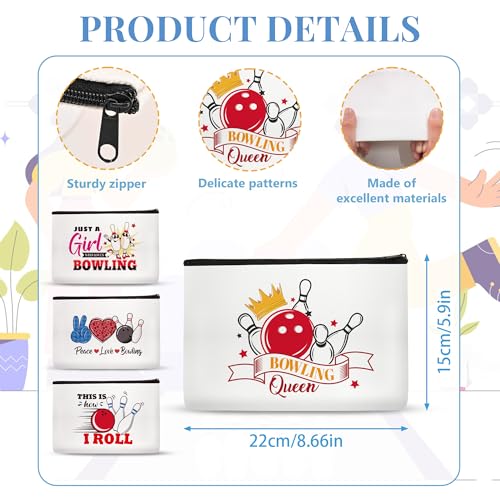 4 Pcs Bowling Gifts for women, Bowling Makeup Bag, Sport Accessories, Cosmetic Bag Zipper Pouch Gifts for Ball lover, Gym Lovers, Girls, Sister - style: Bowling
