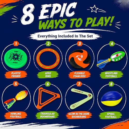 8-in-1 Sports Combo Play Set - Ultimate Outdoor Family Backyard Games with Foam Football, Flying Discs, Aero Rings, Boomerang, Whistling Missiles – Throw & Catch Fun Activities for Kids