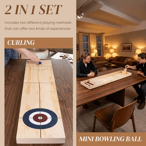 Extguds Wooden Mini Bowling Game Set 2-in-1 with Tabletop Bowling& Curling – Includes Reset Aid Board Tool & Anti-Splash Guard – Handcrafted Wooden Desktop Game for Family Office Party Fun