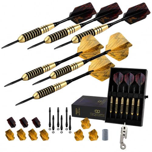 CC-Exquisite Premium Steel Tip Darts Set - Professional Darts, Brass Barrels, Metal Tip Darts, Extra Flights, (12) Aluminum Shafts 35/48, O-Rings, Dart Tool, Dart Sharpener, Darts Case