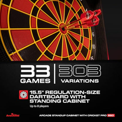 Arachnid Cricket Pro 650 Standing Electronic Dartboard with 24 Games, 132 Variations, and 6 Soft-Tip Darts Included, Brown,E650FS-BK3