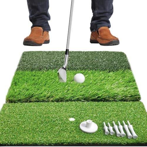 COSPOPTIC Golf Hitting Mat with Swing Path Feedback, Heavy-Duty Rubber Base Anti-Slip Golf Training Mat, Extra Replaceable Surface, Portable Practice Mat for Home Office Garage Yard Indoor Outdoor - style: Tri-Turf mat