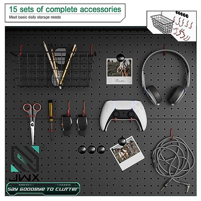 JWX DDB Gaming Standing Shelf Units, 30‘’ Free Standing Gaming Shelf Pegboard Cabinet with Home Office Metal Pegboard and 15 Pieces Organizer Tool Holders - color: Frosted Black