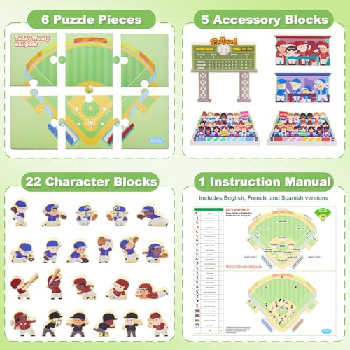 Baseball Blocks Toy Playset, Wooden Baseball Figures with Assembly Ballpark, Baseball Learning Toys, Mini Baseball Games, Baseball Player Figurines, for Kids, Toddlers & Families
