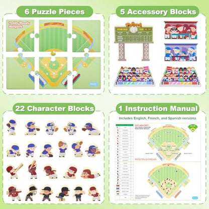Baseball Blocks Toy Playset, Wooden Baseball Figures with Assembly Ballpark, Baseball Learning Toys, Mini Baseball Games, Baseball Player Figurines, for Kids, Toddlers & Families