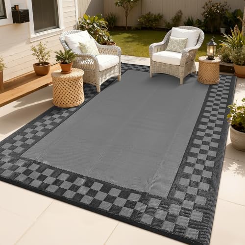 Checkered Outdoor Rug 8x10 Waterproof Modern Bordered Patio Rugs Plastic Straw Rug Large Indoor Outdoor Throw Carpets Reversible Mat for Picnic, Backyard, Rv, Beach, Deck, Camper, Balcony, Grey - color: Checkered-charcoal Gray & Black, size: 8' x 10' (Rec
