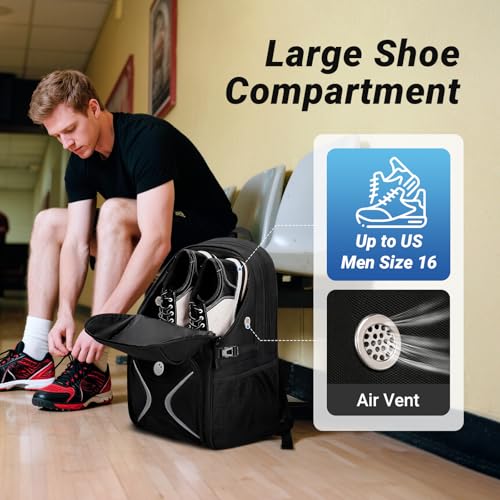 Bosynoy Bowling Ball Bag, Bowling Backpack for Single Ball with Shoe Compartment, Bowling Bag Totes Fits Shoes Up to US Mens Size 16 with Padded Holder, Black