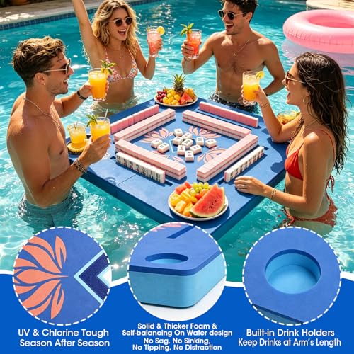 34Inch Foldable Floating Mahjong Table for Pool–Extra-Thick Float Board Water Game Tray Floater Mahjong Table Portable for Adults,Swimming Pool & Hot Tub,Poker,Card Games,Dominoes,Scrabble,Lake,Beach