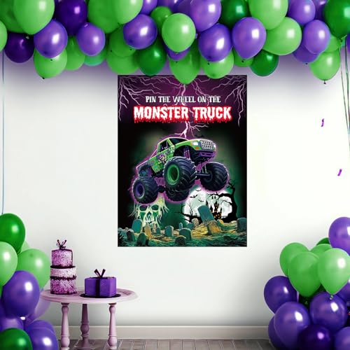 Faccito Monster Truck Birthday Games Pin The Wheel on The Monster Truck Green and Purple Trucks Poster with Stickers Blindfolds for Birthday Decorations Cars Party Games Activities Supplies - style: Truck
