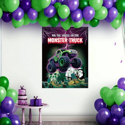 Faccito Monster Truck Birthday Games Pin The Wheel on The Monster Truck Green and Purple Trucks Poster with Stickers Blindfolds for Birthday Decorations Cars Party Games Activities Supplies - style: Truck