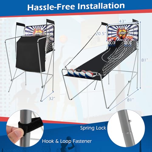 GYMAX Arcade Basketball Game Indoor Foldable with 8 Game Modes, Arcade Sound, 4 Balls and Inflation Pump, Electronic Basketball Games for Home - color: White+blue