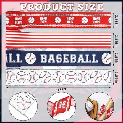Baseball Wired Edge Ribbon for Gift Wrapping 2.5 Inch Red Blue Craft Ribbon Wired Fabric Ribbon for Sport Events DIY Bow Wreath Wrapping Supplies,2.5"*5 Yards, 4 Rolls Style A - color: Baseball A