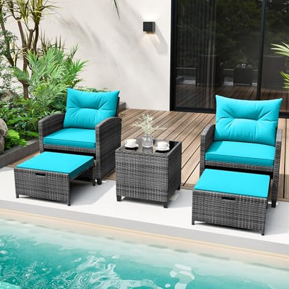 Tangkula 5 Pieces Patio Conversation Set, PE Wicker Rattan Outdoor Furniture Set with 2 Chairs, 2 Ottomans & Tempered Glass Coffee Table, Ideal for Poolside, Backyard, Lawn, Deck, Mix Grey & Turquoise - color: Mix Grey & Turquoise