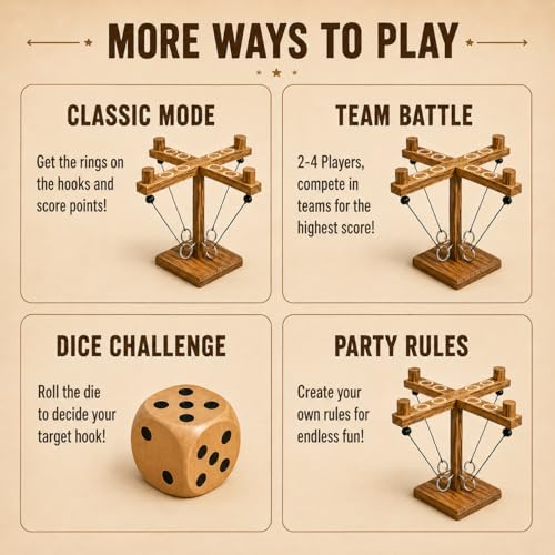 Wooden Ring Toss Game Set with Wooden Dice, Tabletop Hook and Ring Toss Game for Adults, Family Game Night, Party, Bar, Camping, Backyard, Indoor Outdoor Games