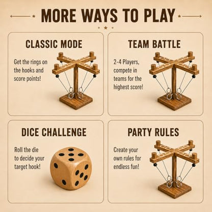 Wooden Ring Toss Game Set with Wooden Dice, Tabletop Hook and Ring Toss Game for Adults, Family Game Night, Party, Bar, Camping, Backyard, Indoor Outdoor Games