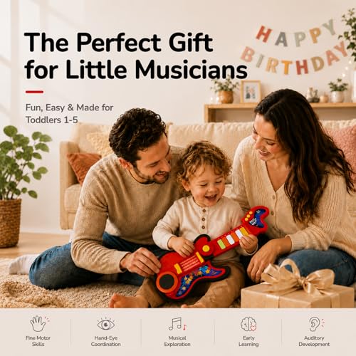 Toddler Guitar Toy for Boys & Girls 1-3, 4-in-1 Touch & Play Kids Guitar Piano Musical Toy with Projector Light, Drum, Lullabies & Volume Control, First Guitar Birthday Gift for Kids & Babies Ages 1-5 - color: Red