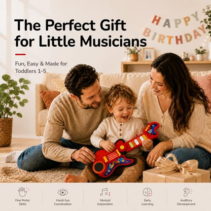 Toddler Guitar Toy for Boys & Girls 1-3, 4-in-1 Touch & Play Kids Guitar Piano Musical Toy with Projector Light, Drum, Lullabies & Volume Control, First Guitar Birthday Gift for Kids & Babies Ages 1-5 - color: Red