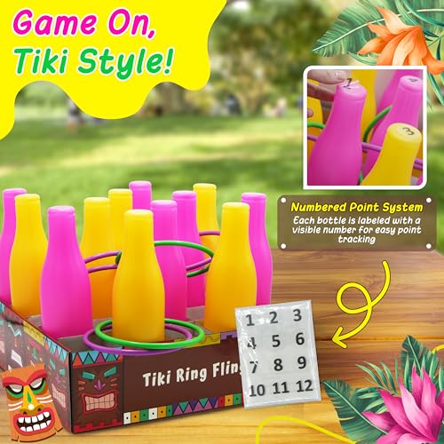 4E's Novelty Tiki Ring Fling Bottle Ring Toss Game Set for Party Games for Adults and Family, Beach Summer Hawaiian Luau Outdoor Indoor Game Activity