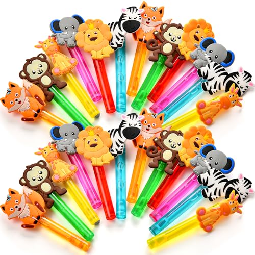 Winrayk Safari Party Favors, 24Pcs Jungle Animals Mini Bubble Wands for Kids Bubbles Bulk with Detachable Topper (6 Styles & Colors), Birthday Goodie Bag Stuffer Classroom Prizes Wild One Party Favors - style: Safari