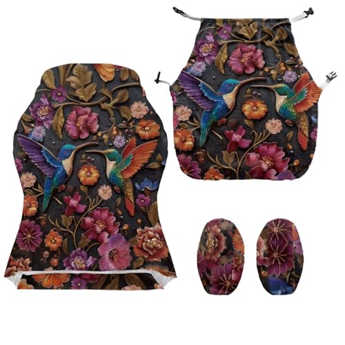Hummingbird Print Gaming Chair Covers with Armrest Covers Retro Flower Print Computer & Gaming Chair Slipcover Universal Fit Office Desk & Racing Computer Gamer Chairs - color: Brown and Multi - Hummingbird Retro Flower