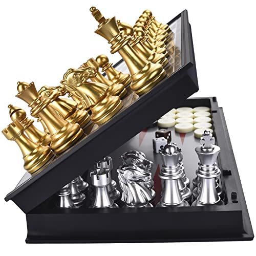 3 in 1 Magnetic Chess Checkers Backgammon Board Game Set with 12.5 Inch Folding Board Travel Games for Kids and Adults (Chess: Gold & Silver) - color: Chess: Gold & Silver