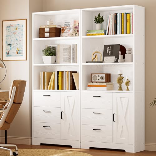 IRONCK Bookshelf with Doors and 3 Drawers 71 in Tall Bookcase with 3-Tier Shelves, Industrial Book Shelf with Storage for Living Room Entrance Hallway Home Office, White - color: White