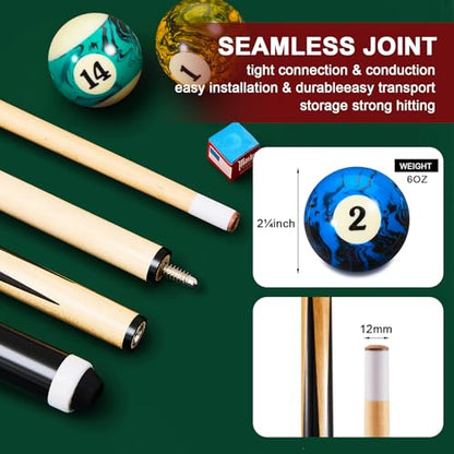 Outus 71 Pcs Premium Pool & Billiard Table Accessories Set – Pool Balls, Cue Sticks with Tips, Triangle Rack, Chalks, Brush Spot Stickers for Home Family & Beginner Practice - style: Dark Marble Style Balls